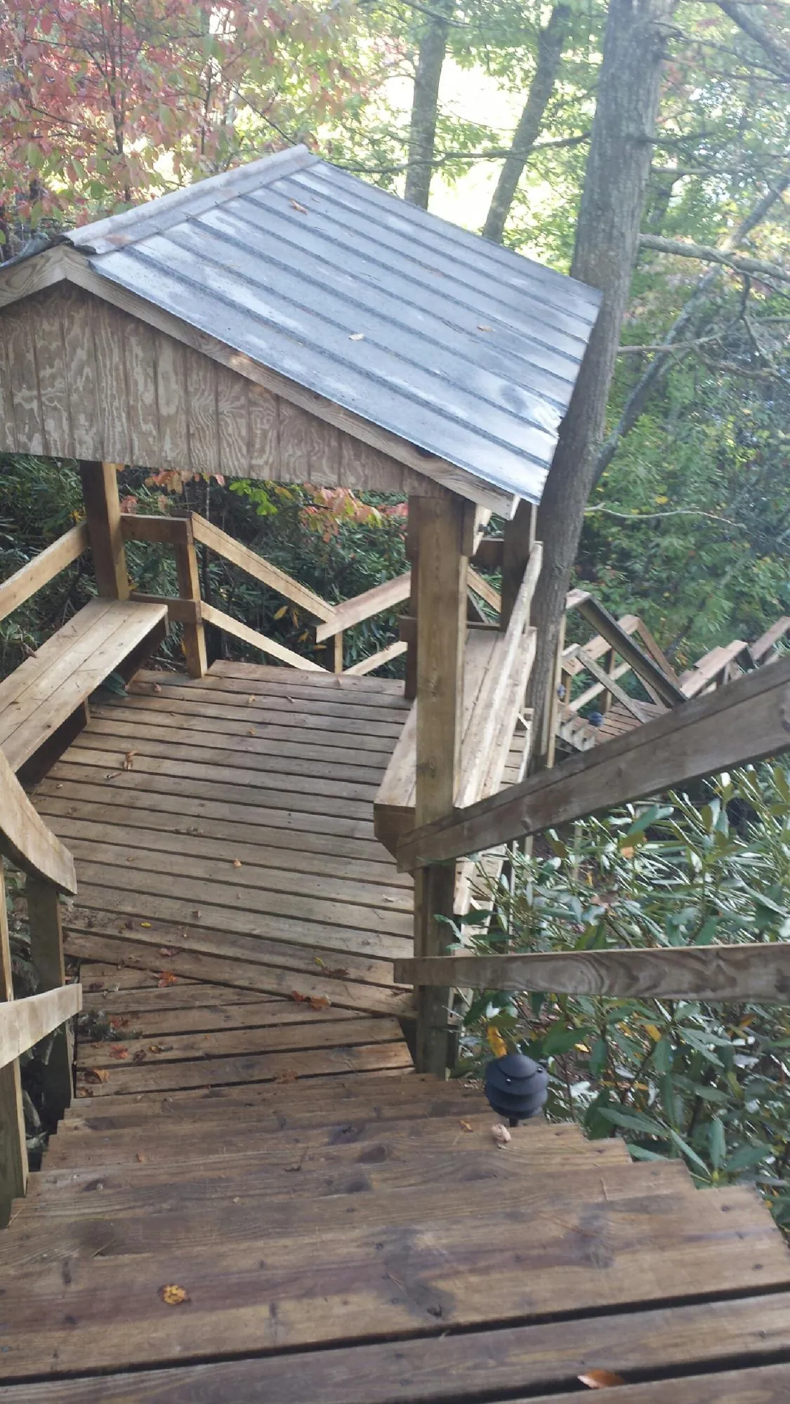 Metal roofed shelter over wooden steps on a wooded walkway — Skylight Repair & Installation work by our crew in Bassfield